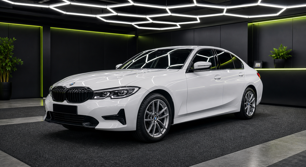 BMW 320i white rental car in the Wrapidautos showroom