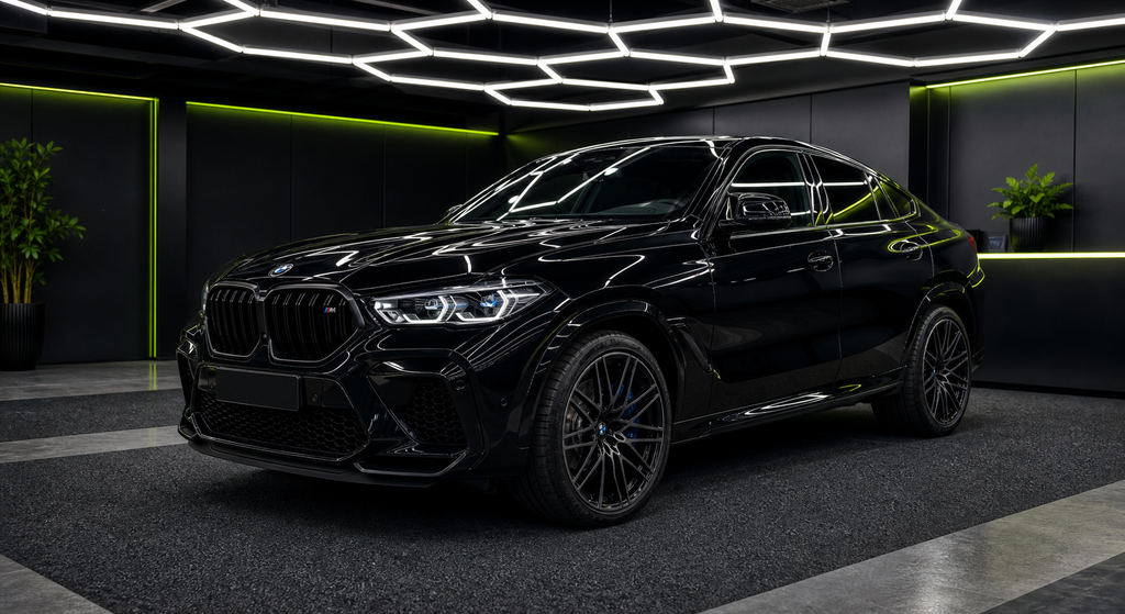 BMW X6M Competition black rental car in the Wrapidautos showroom