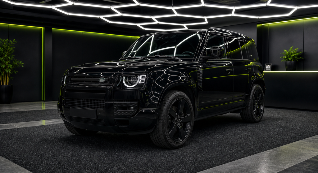 Range Rover Defender black rental car in the Wrapidautos showroom
